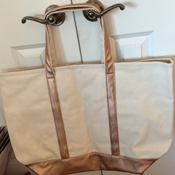 Lands’ End Large, Open-Top, Long-Handle Rose-Gold Faux Leather & Canvas Tote Bag - Picture 2 of 7
